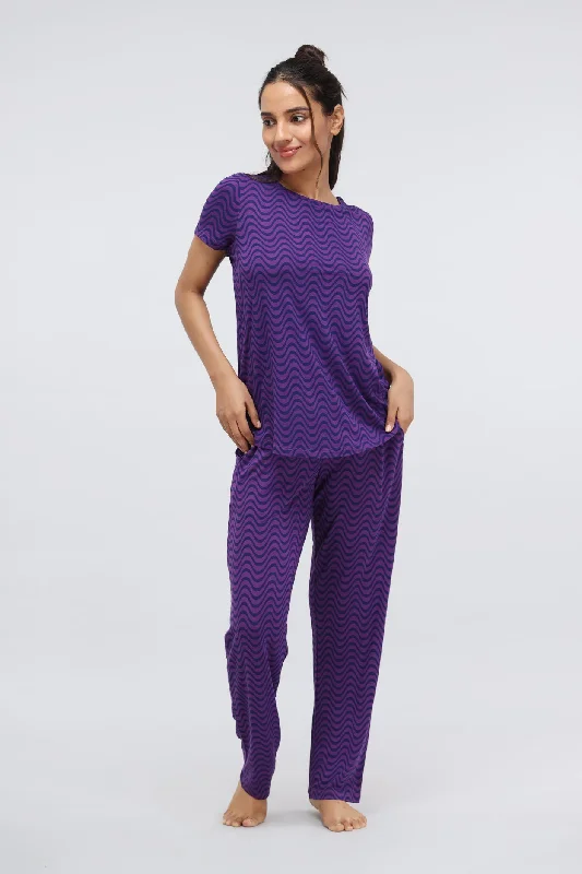 Purple Wavy Modal Printed Pajama Set