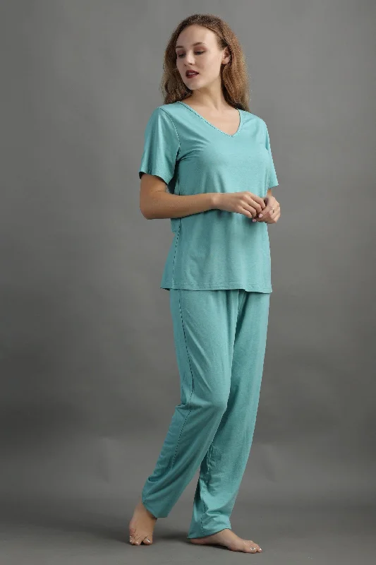 Solid Pyjama Night Suit Set -Sea Green