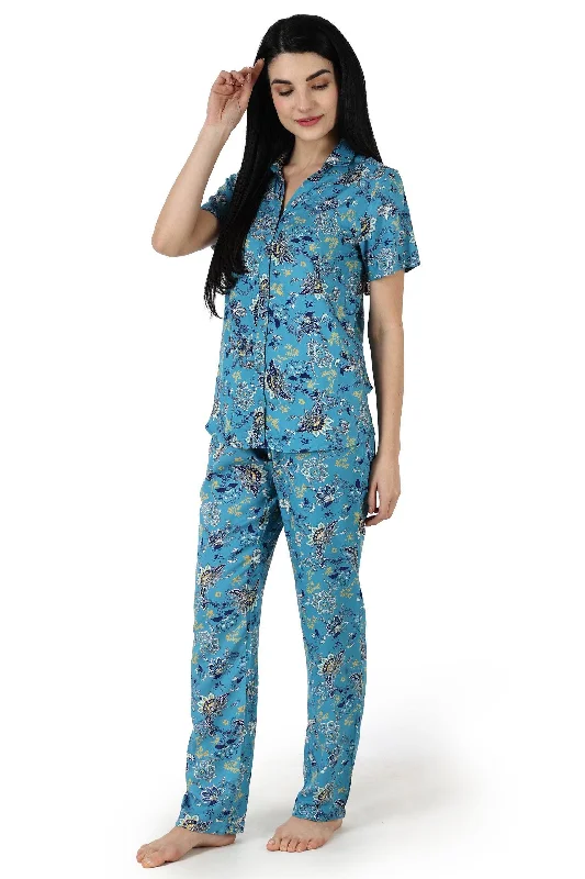 Steel Blue Floral Printed Night Suit Set - 1/4 Sleeve