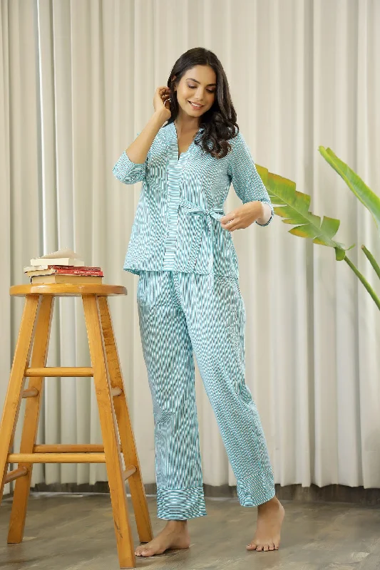 Women Sky Blue and Black Pure Cotton Striped Night Suit Pyjama Set